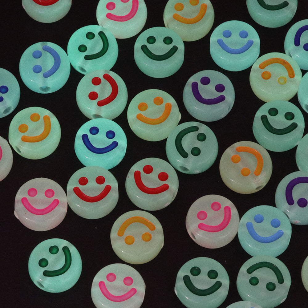 Acrylic Glow in the Dark Smiley Face Beads 10x5mm Mix - Pack of 50