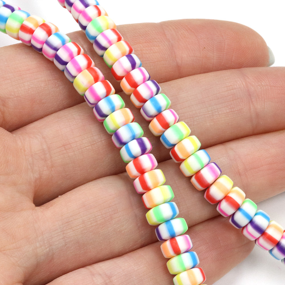 Polymer Clay Rainbow Stripy Drums 6mm - 1 Strand