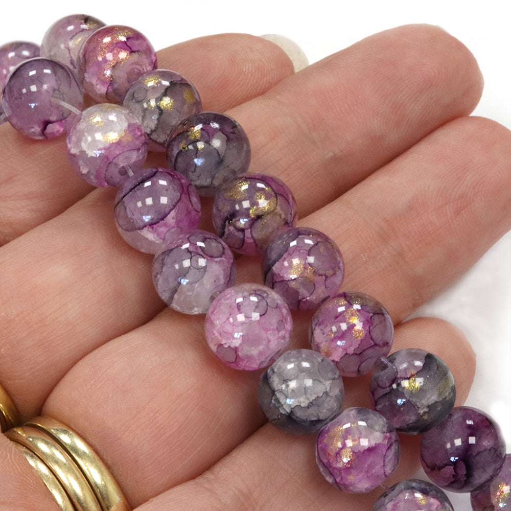 Crackled and Gold Glass Black and Purple 10mm - 1 String