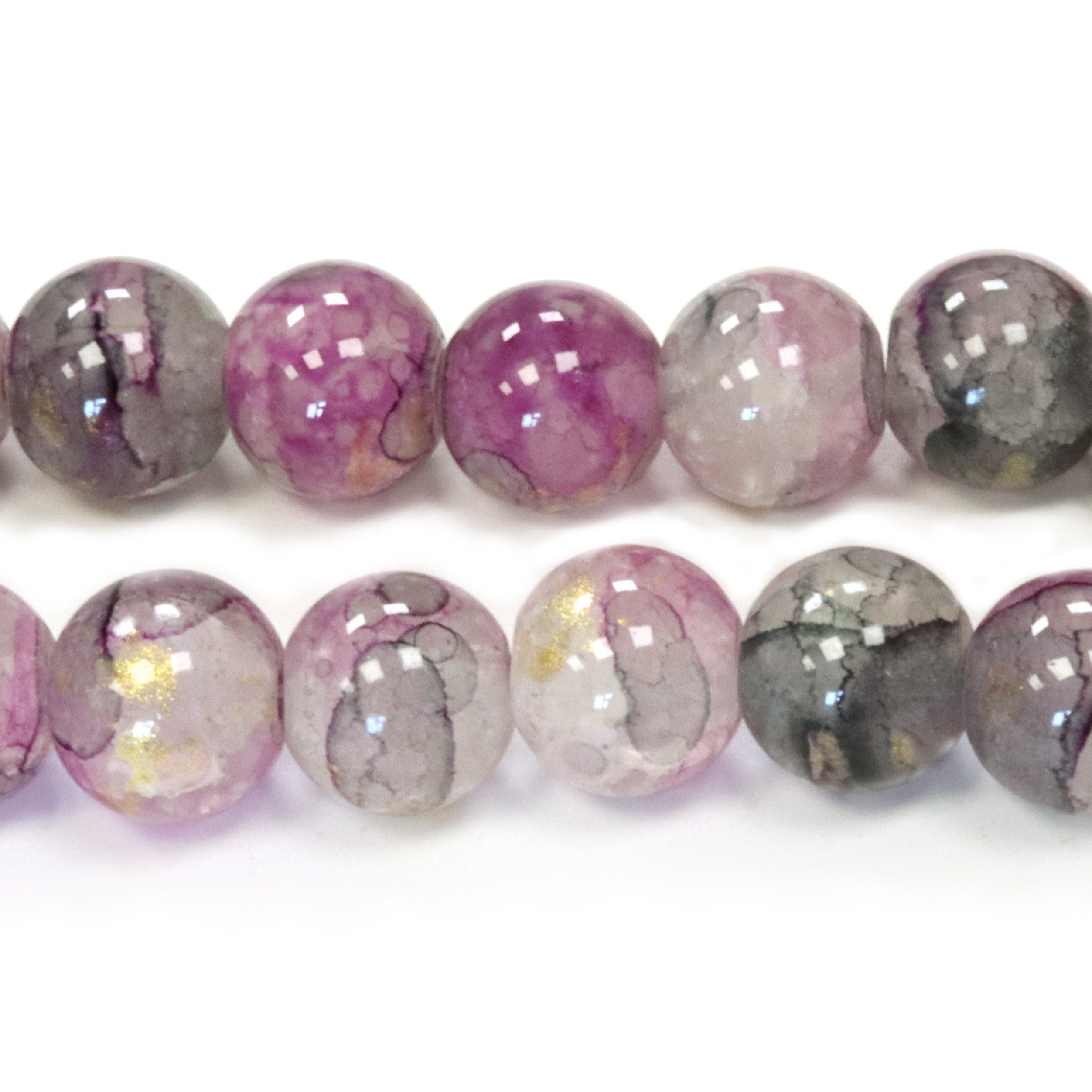 Crackled and Gold Glass Black and Purple 10mm - 1 String