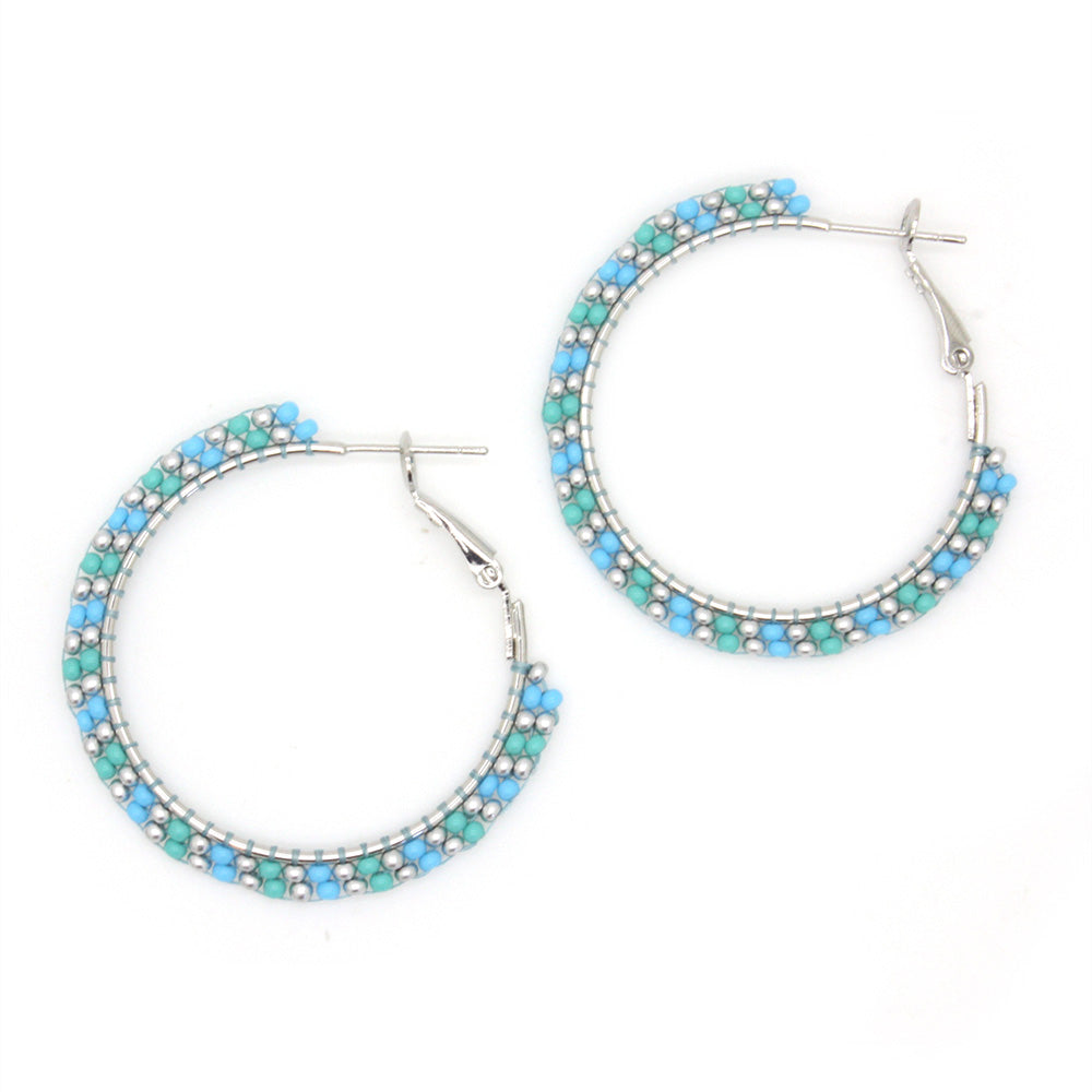 Beaded Hoops Earrings Blue and Silver Bundle