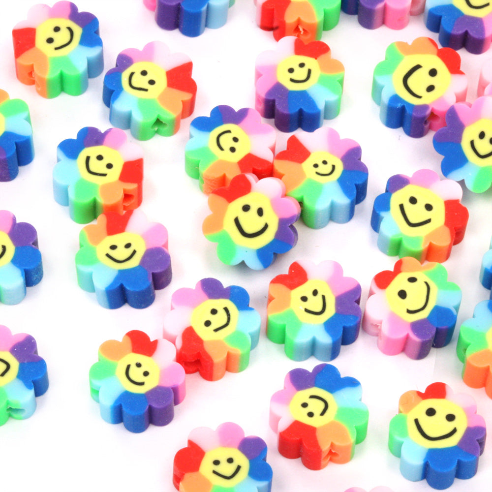 Polymer Clay Smiley Flower Rainbow 10mm - Pack of 50