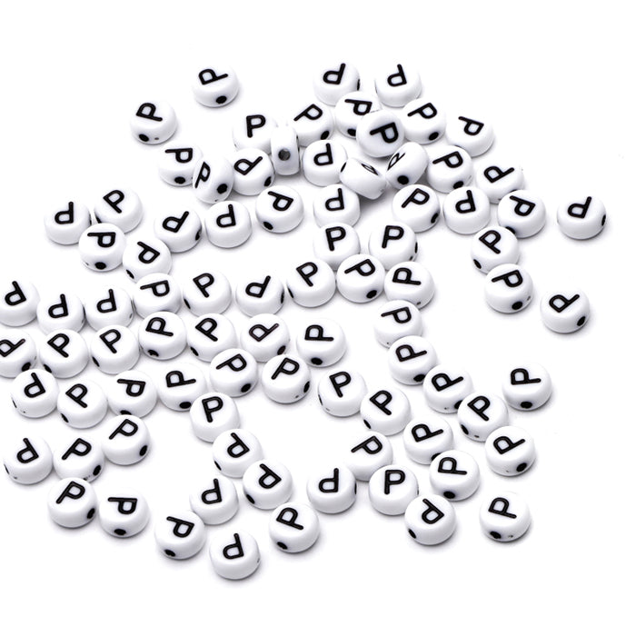 Letter Bead P Black Plastic Round 6mm-Pack of 100