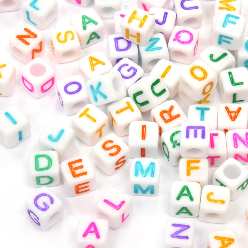 6mm cube plastic white beads with coloured mix of letters 