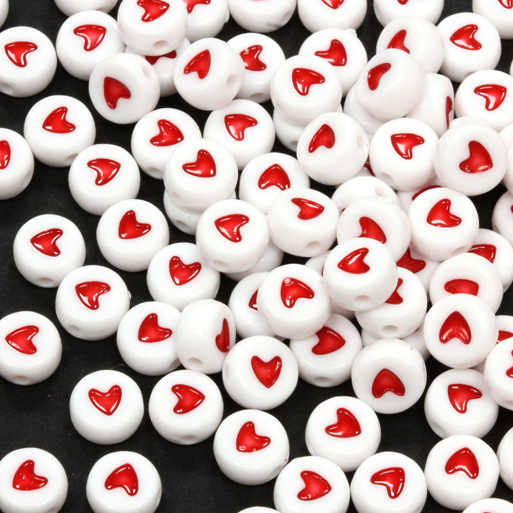 Red Hearts on White Rounds Mix 4x7mm - Pack of 200