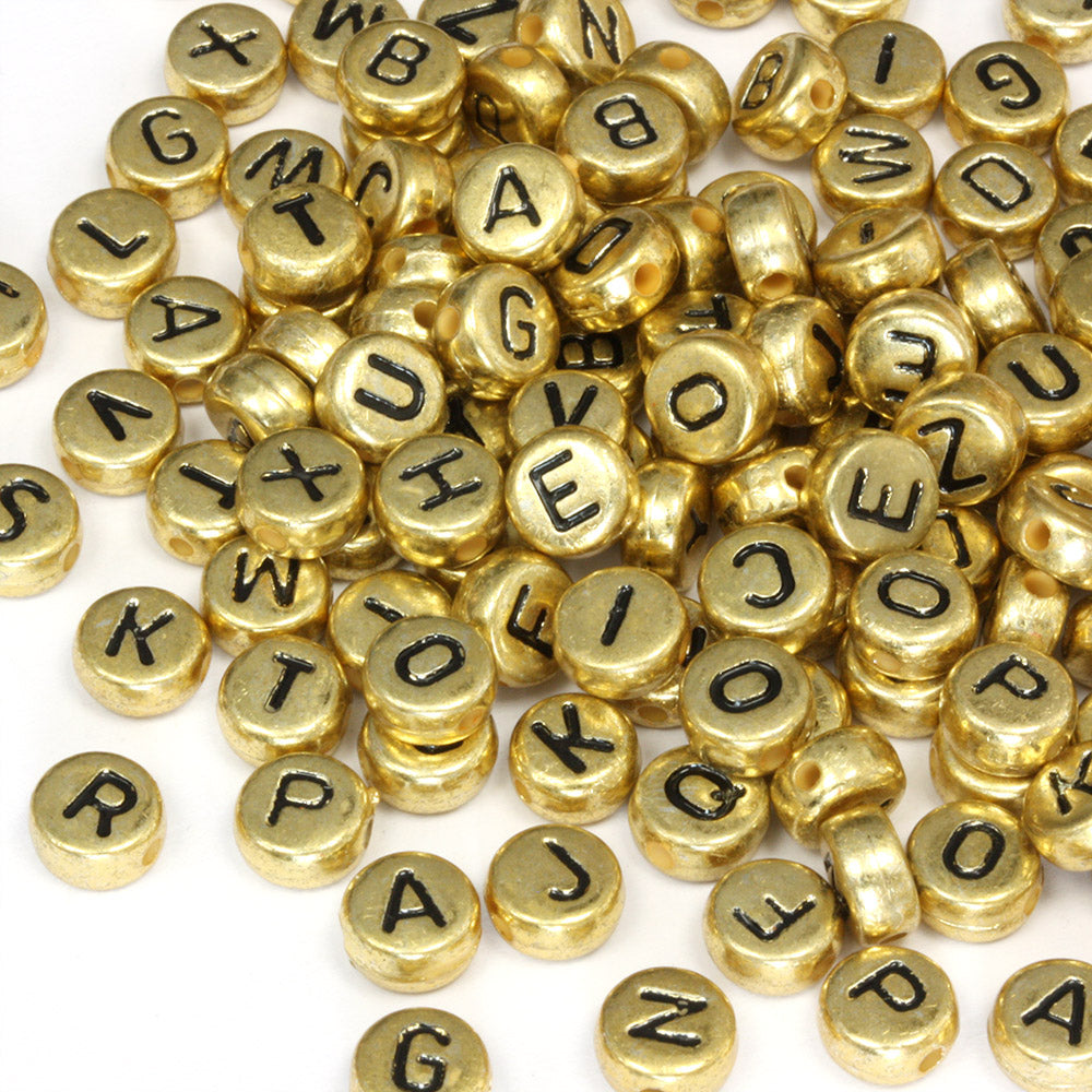 flat round plastic letter gold  alphabet bead mix
