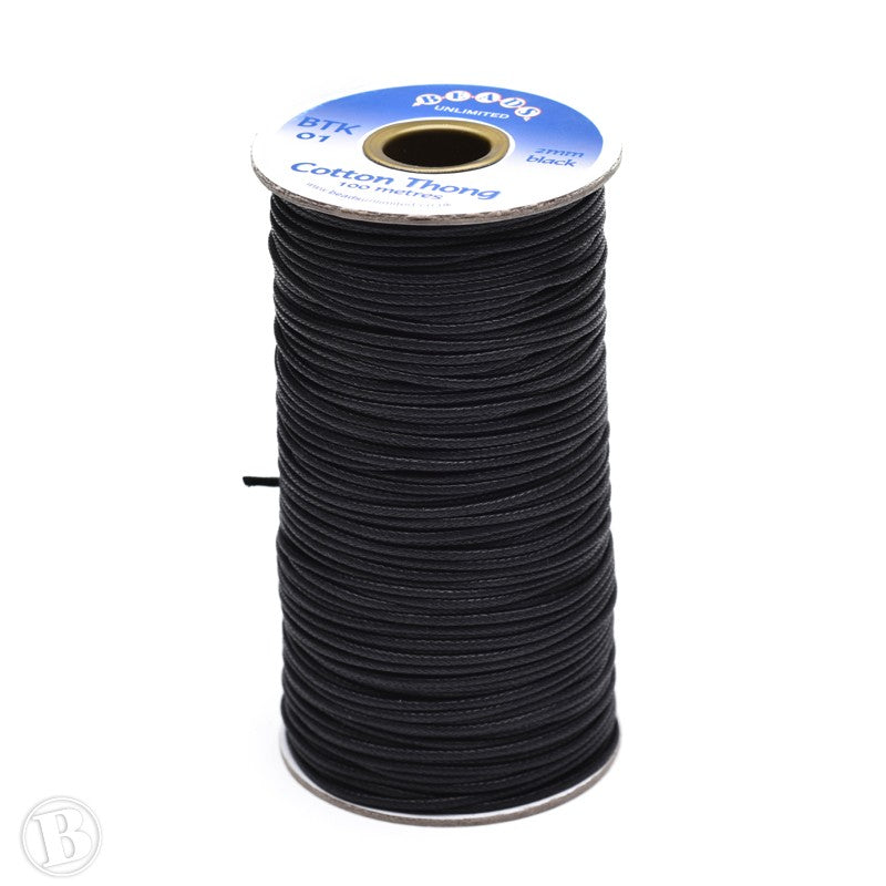 Thong Black Cotton 2mm- 1 reel of 100m