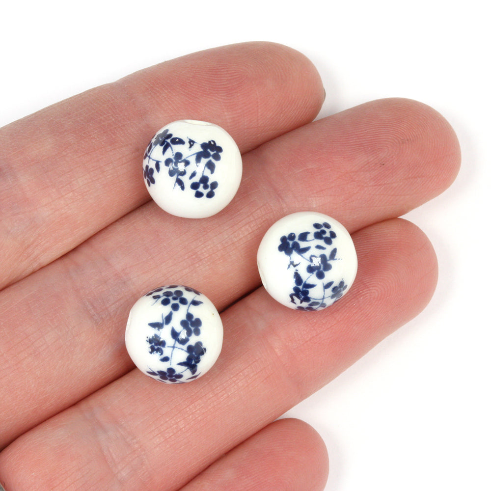 Ceramic Round Blue Flowers 12mm - Pack of 8