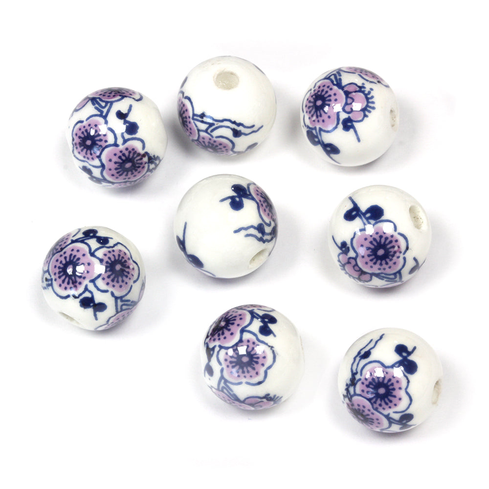 Ceramic Round Purple Large Flowers 12mm - Pack of 8