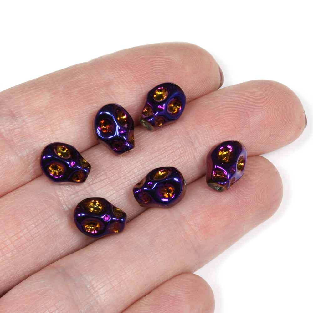 Glass Skulls 10x7mm Metallic Purple - Pack of 50