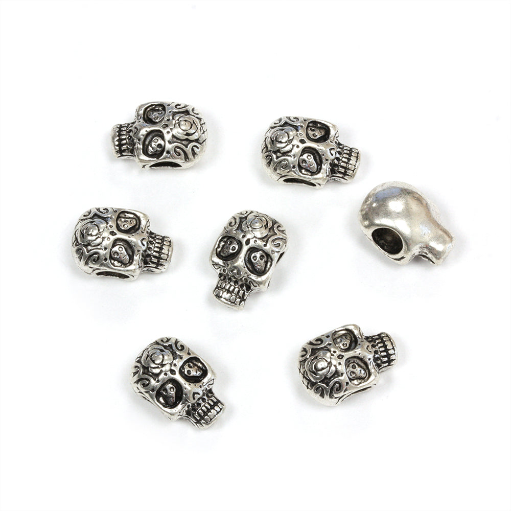 Ornate Skull Bead Antique Silver 14x10mm - Pack of 10