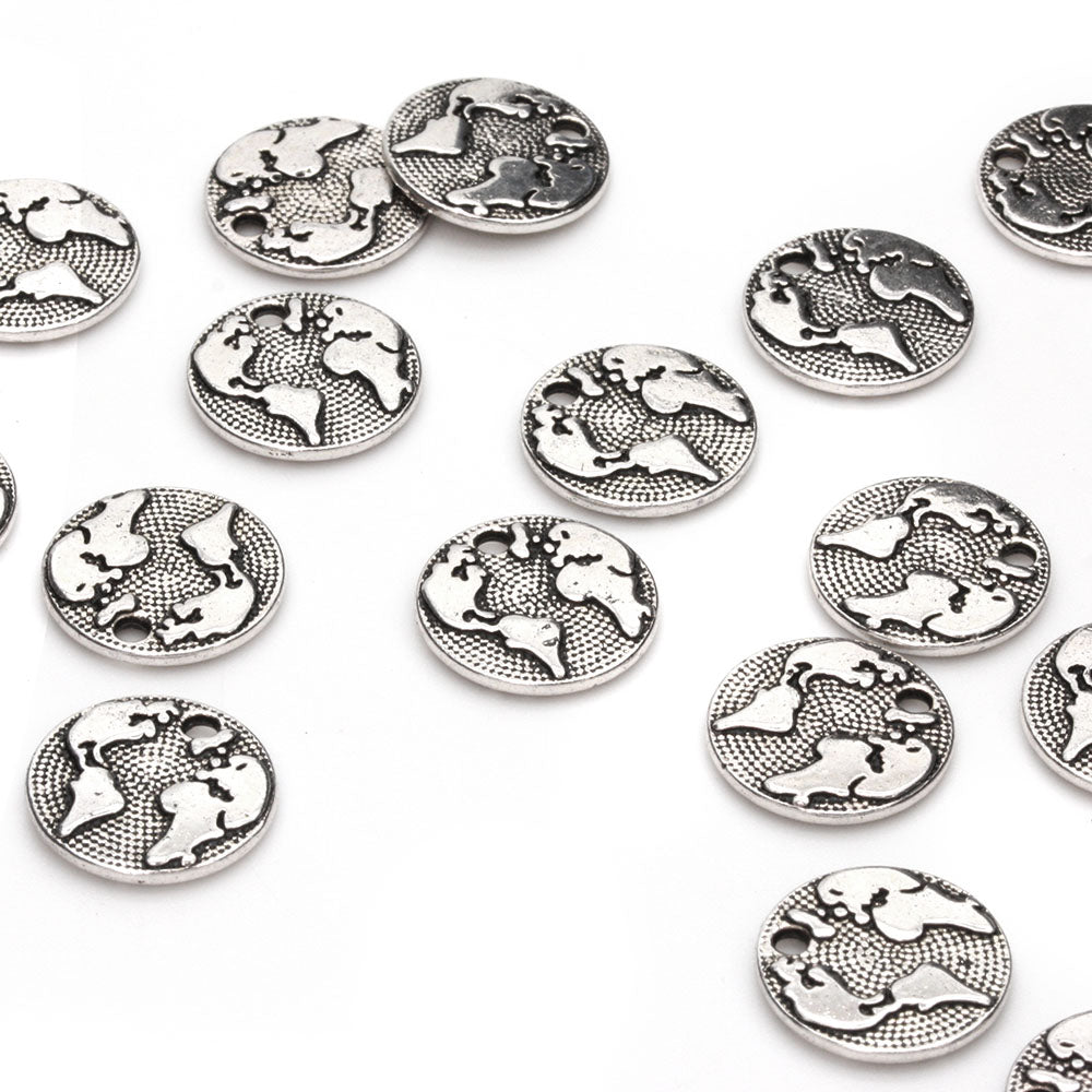 World Map Antique Silver 15mm - Pack of 50