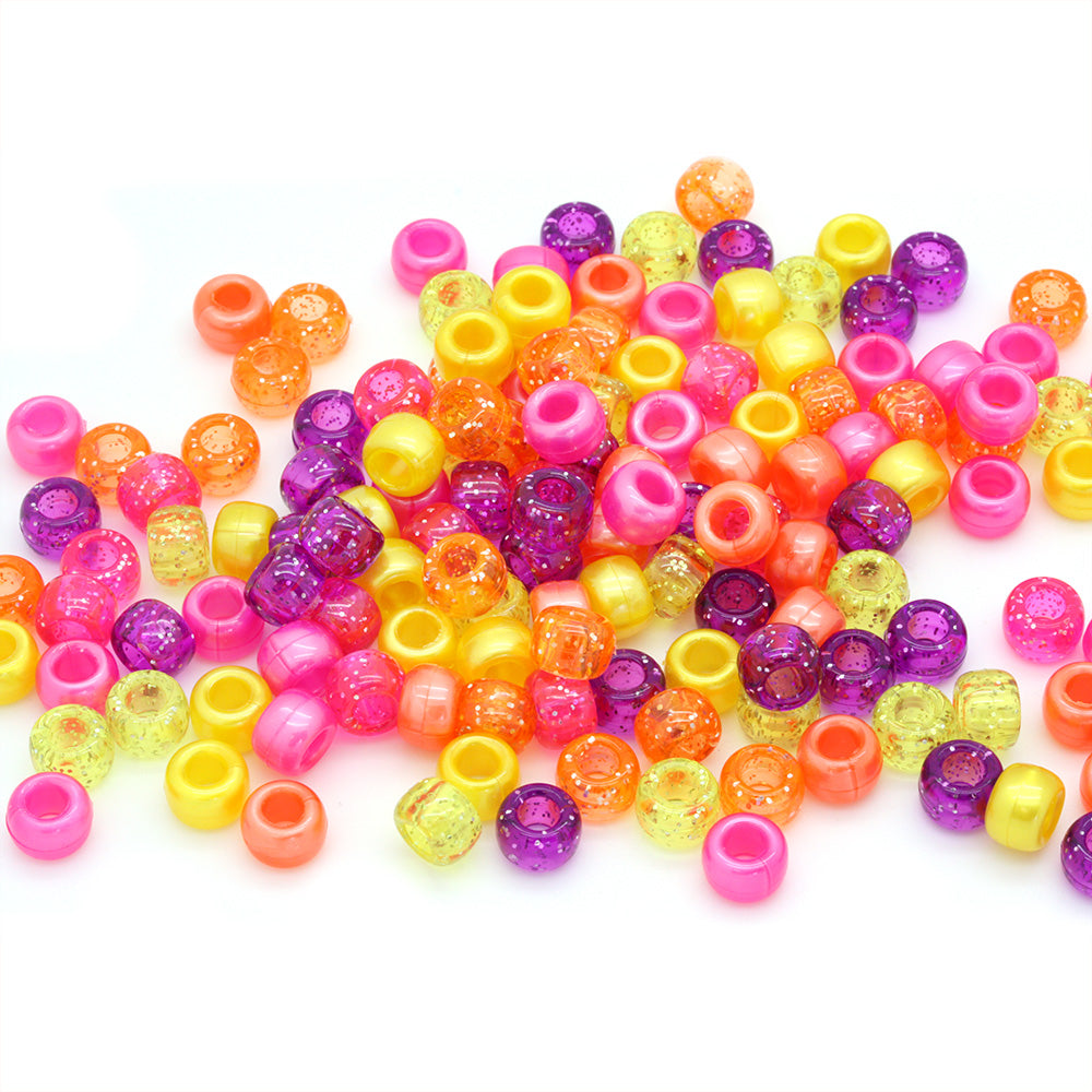 kids plastic mix of orange, pink and purple coloured  pony beads with large holes